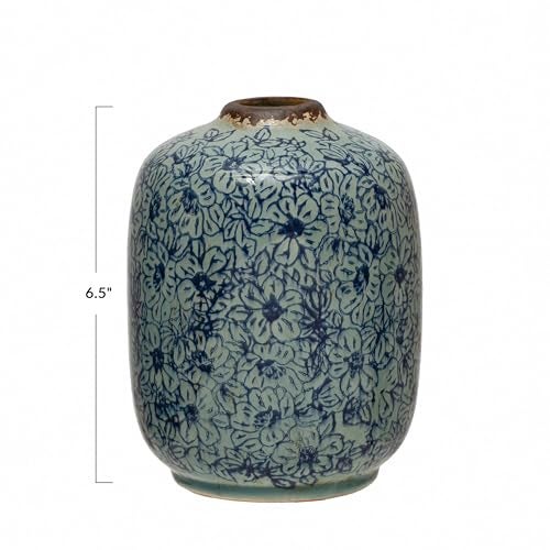 Creative Co-Op Decorative Round Terra-Cotta Vase with Floral Pattern with Distressed Finish, Blue - Image 2