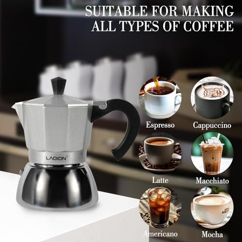 LAOION Stovetop Espresso Maker, 3Cup Moka Pot, Espresso Machine Compatible with Induction Cooktops, 150ml Stainless Steel & Aluminum Cuban Coffee Maker for Cafetera Cubana, Silver - Image 5