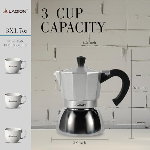 LAOION Stovetop Espresso Maker, 3Cup Moka Pot, Espresso Machine Compatible with Induction Cooktops, 150ml Stainless Steel & Aluminum Cuban Coffee Maker for Cafetera Cubana, Silver - Image 2