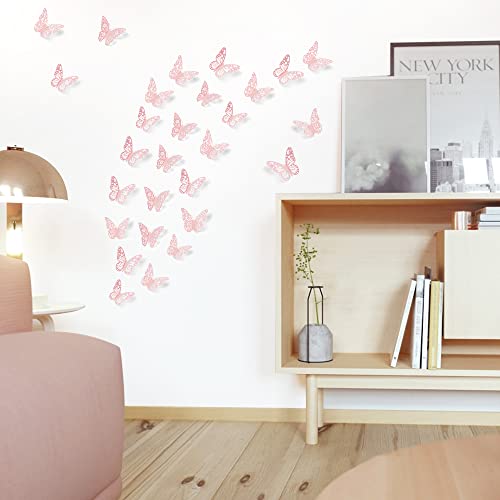 SAOROPEB 3D Wall Decor, 72 Pcs 3 Sizes 3 Styles, Pink Butterfly Decorations - Removable Stickers for Room Decor, Party Balloons, Cake Decoration, Flower Arrangements - Image 5