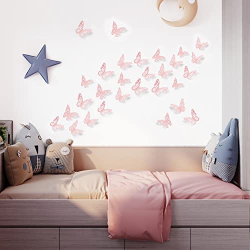 SAOROPEB 3D Wall Decor, 72 Pcs 3 Sizes 3 Styles, Pink Butterfly Decorations - Removable Stickers for Room Decor, Party Balloons, Cake Decoration, Flower Arrangements - Image 2