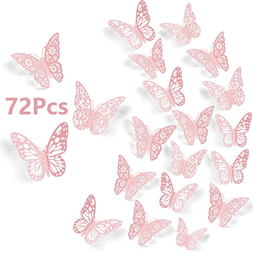 SAOROPEB 3D Wall Decor, 72 Pcs 3 Sizes 3 Styles, Pink Butterfly Decorations - Removable Stickers for Room Decor, Party Balloons, Cake Decoration, Flower Arrangements - Image 1