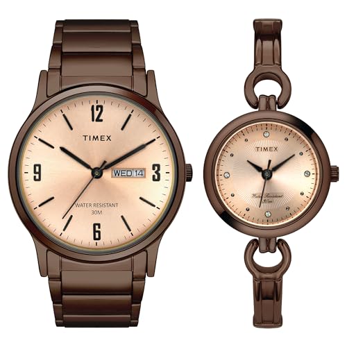 TIMEX Classics Analog Watch for Unisex with Rose Gold Round Dial & Brown Stainless Steel Bracelet Band Water Resistant Unisex Wrist Watches - TW00PR265 - Image 1