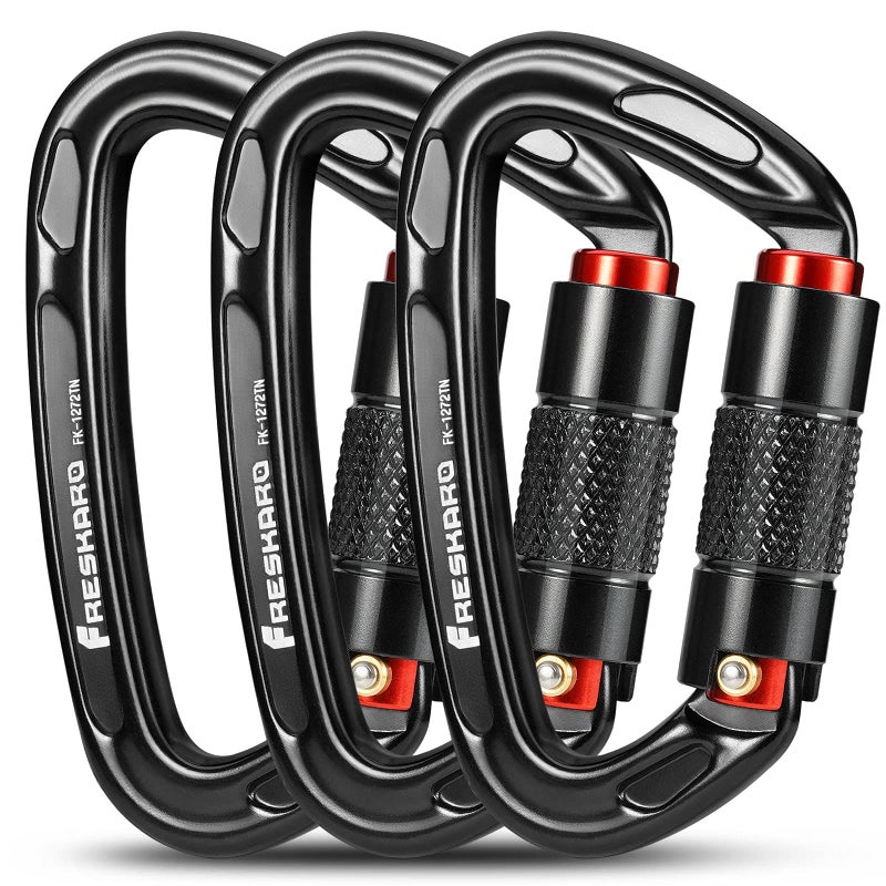 FresKaro 25kn Climbing Carabiners Double Locking Carabiner Clips, Heavy Duty for Rock Climbing, Rappelling, Hunting, or Survival Gear kit, Gym Equipment, Cerfified UIAA Carabiner Black - Image 1