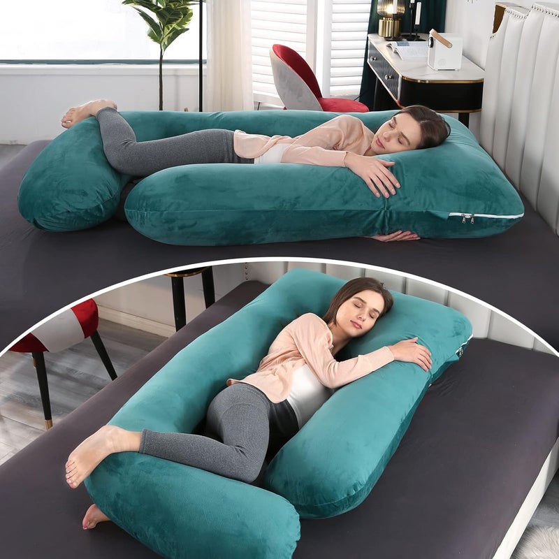 Elover Pregnancy Pillow U-Shaped Full Body Maternity Support Pillow for Pregnant Women with Replaceable and Washable Velvet Cover Size 60" (Velvet, Forest Green) - Image 3