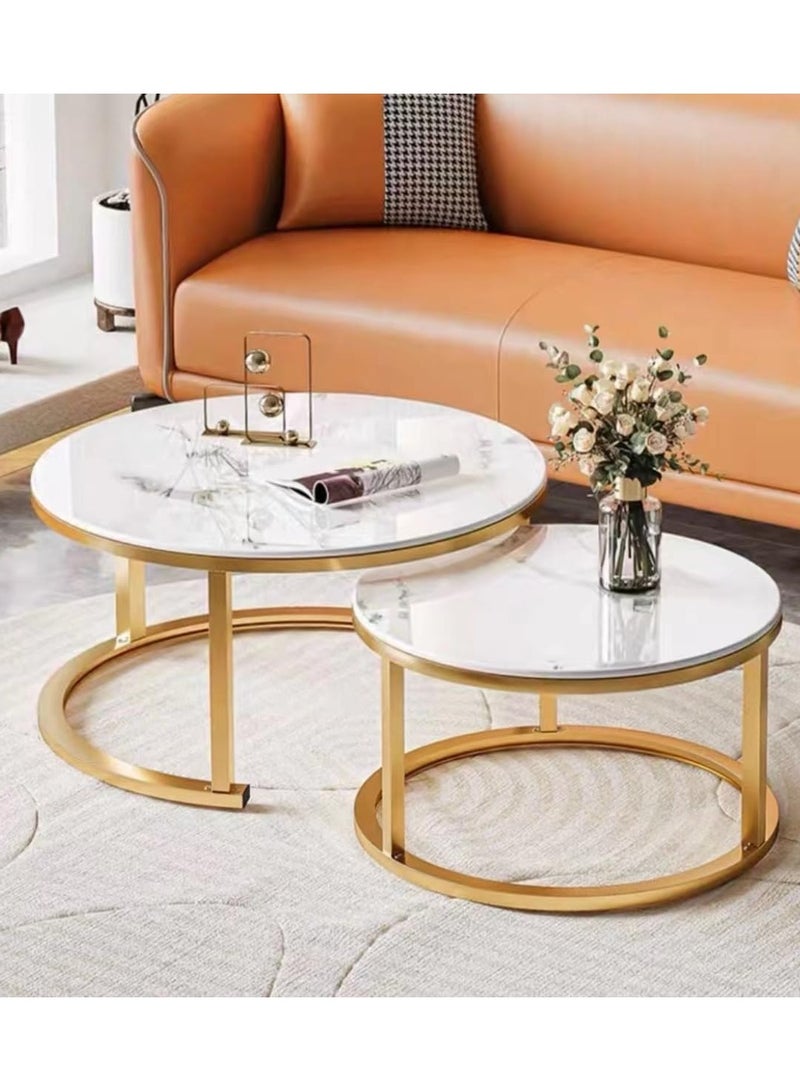 DubaiGallery طقم طاولات قهوة من 2، طاولة جانبية دائرية من الخشب والمعدن، مجموعة طاولات لغرفة المعيشة، الشرفة، مجموعة صغيرة من الطاولات، طاولة غرفة المعيشة بأسلوب صناعي حديث، طاولة جانبية دائرية - Image 1