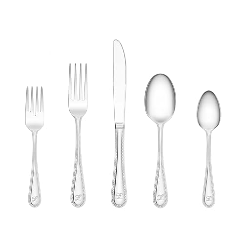 RiverRidge Monogrammed Beaded Flatware Set - L - 46-Piece Silverware with Custom Letter Stamp, 18/0 Stainless Steel Utensils Set for Daily Use & Special Occasions - Dishwasher Safe, Versatile Design - Image 1