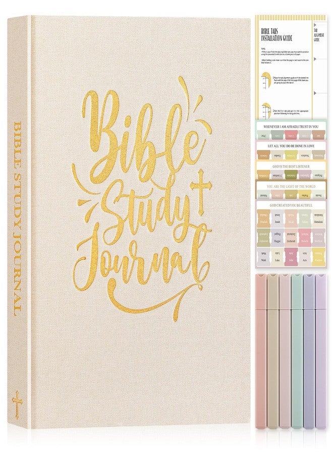 Lanpn Bible Study Guide Journals for Women with Tabs & Highlighters, Church Notes Taking Daily Devotional Journaling, Linen Bible Prayer Notebook Christian Religious Faith Based Gifts, Beige - Image 1