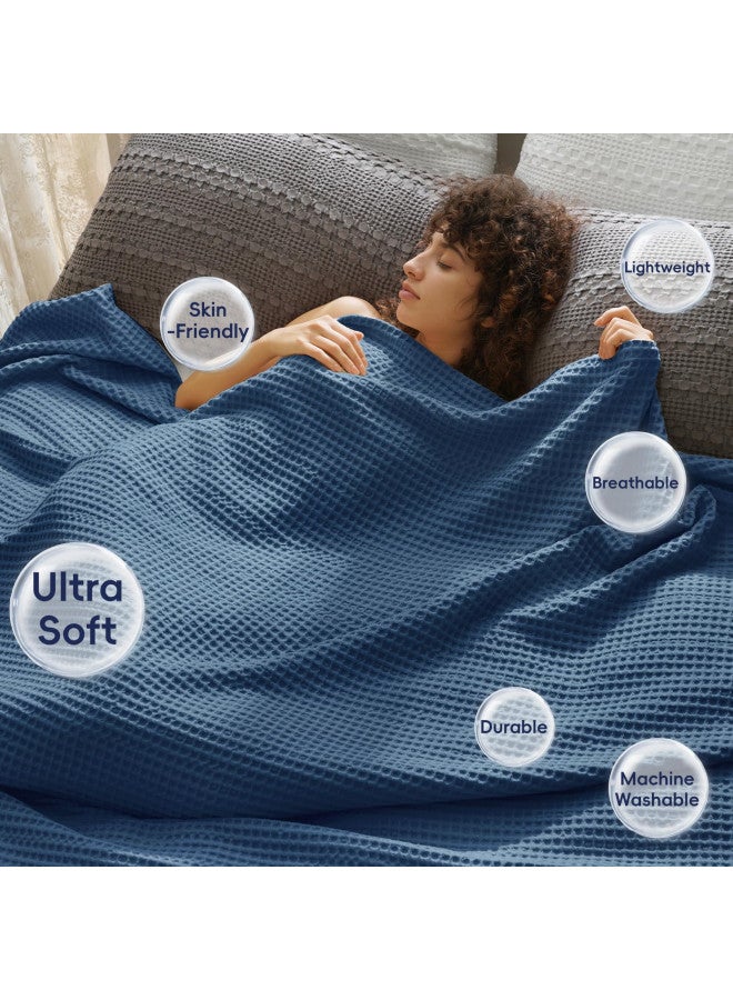 PHF PHF Ultra Soft Waffle Weave Blanket King Size 104"x 90"- Washed Lightweight Breathable Breathable Cozy Woven Blanket - Great for Couch Bed Sofa Home Car - Navy Blue  - Image 1