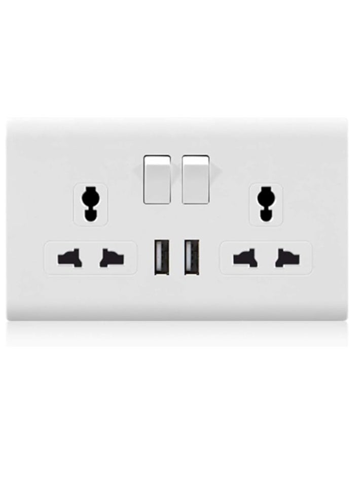 Double Switch Wall Socket And 2 USB Outlet | Dual Switch Universal Wall Socket Tamper Resistant | Duplex Receptacle Wall Socket Charger Adapter Power Outlet Panel, White