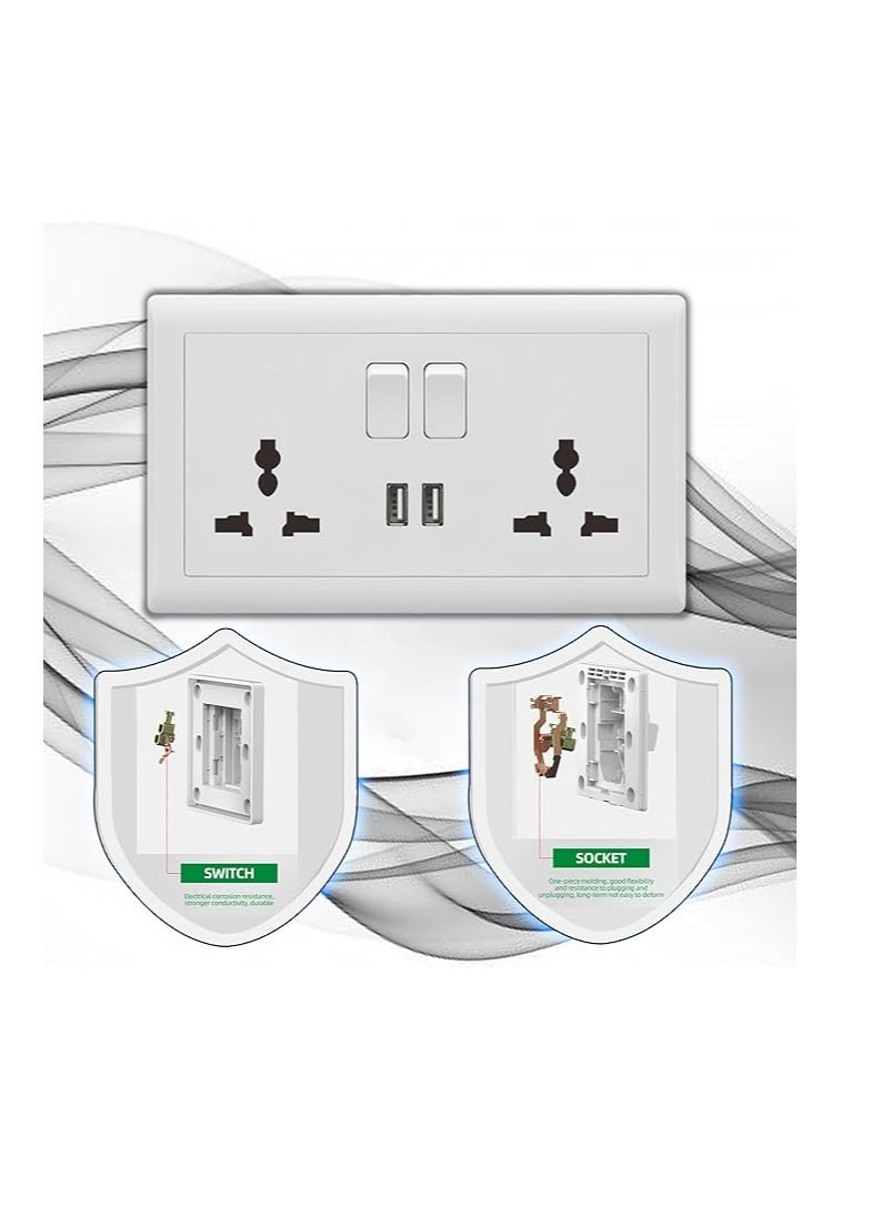 Double Switch Wall Socket And 2 USB Outlet | Dual Switch Universal Wall Socket Tamper Resistant | Duplex Receptacle Wall Socket Charger Adapter Power Outlet Panel, White