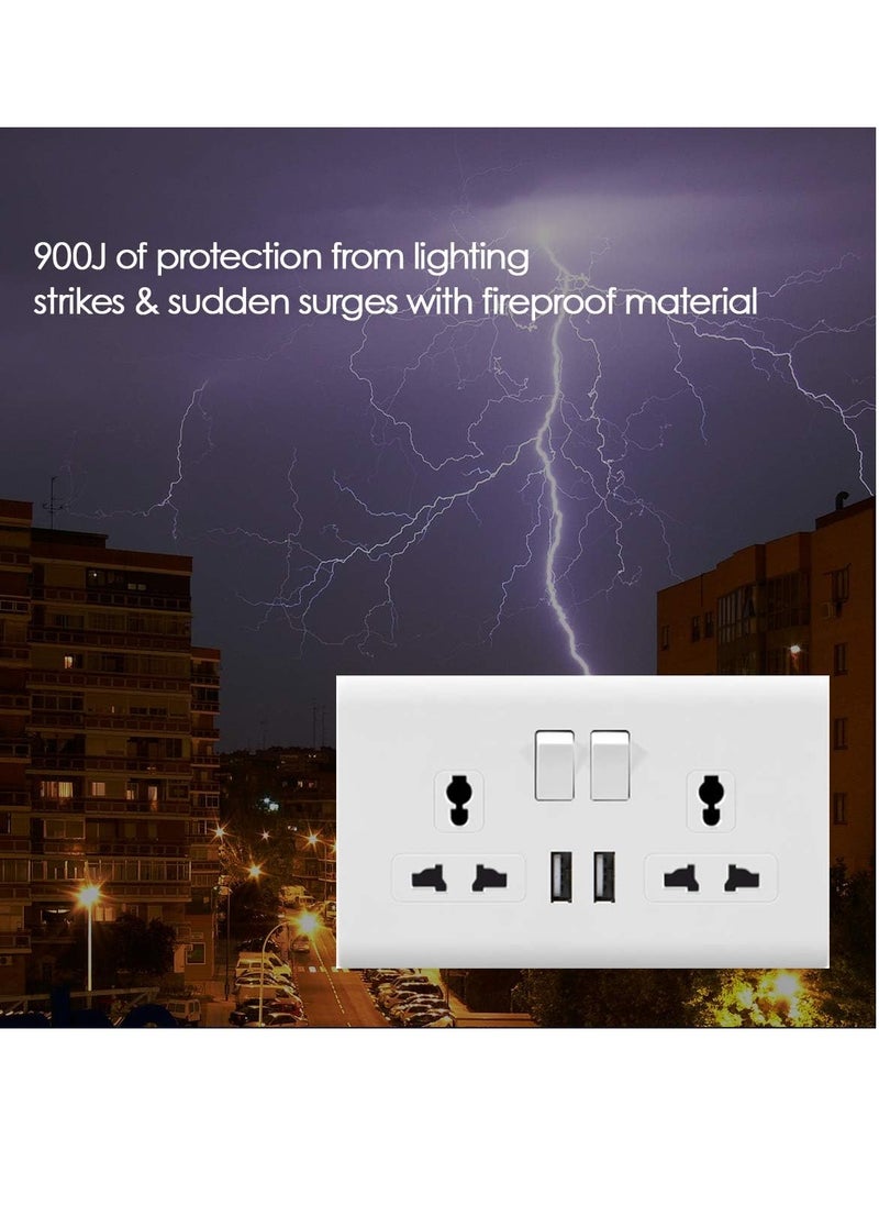 Double Switch Wall Socket And 2 USB Outlet | Dual Switch Universal Wall Socket Tamper Resistant | Duplex Receptacle Wall Socket Charger Adapter Power Outlet Panel, White