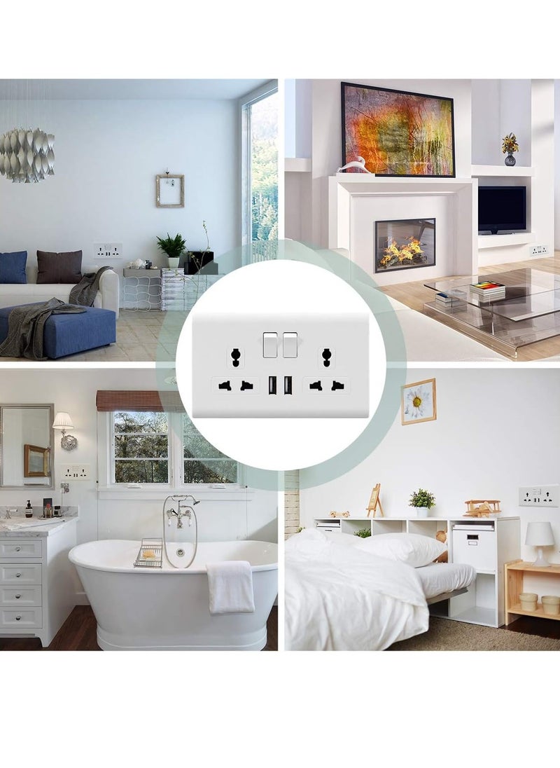 Double Switch Wall Socket And 2 USB Outlet | Dual Switch Universal Wall Socket Tamper Resistant | Duplex Receptacle Wall Socket Charger Adapter Power Outlet Panel, White