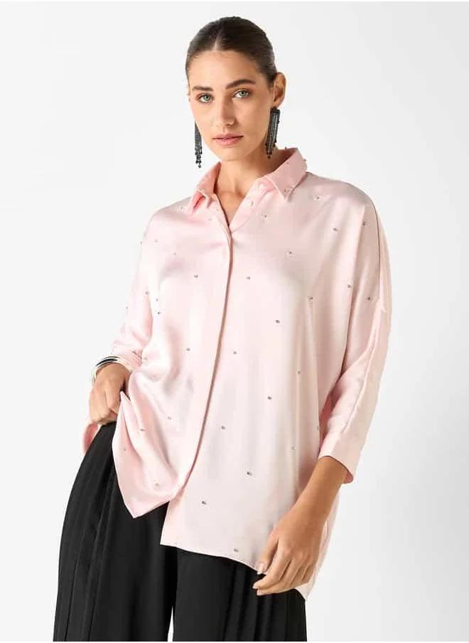 Iconic Iconic Oversized Embellished Shirt with 3/4 Sleeves