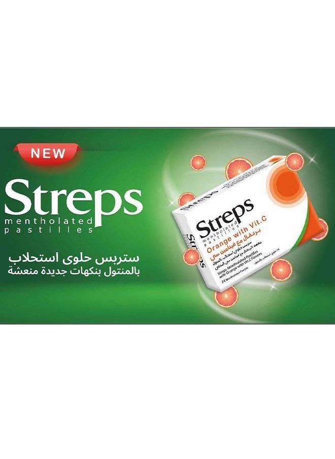 Streps mentholated pastilles with orange with vit c Flavor Two strips of 24 pieces.