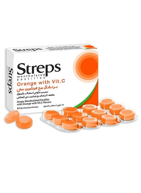 Streps mentholated pastilles with orange with vit c Flavor Two strips of 24 pieces.