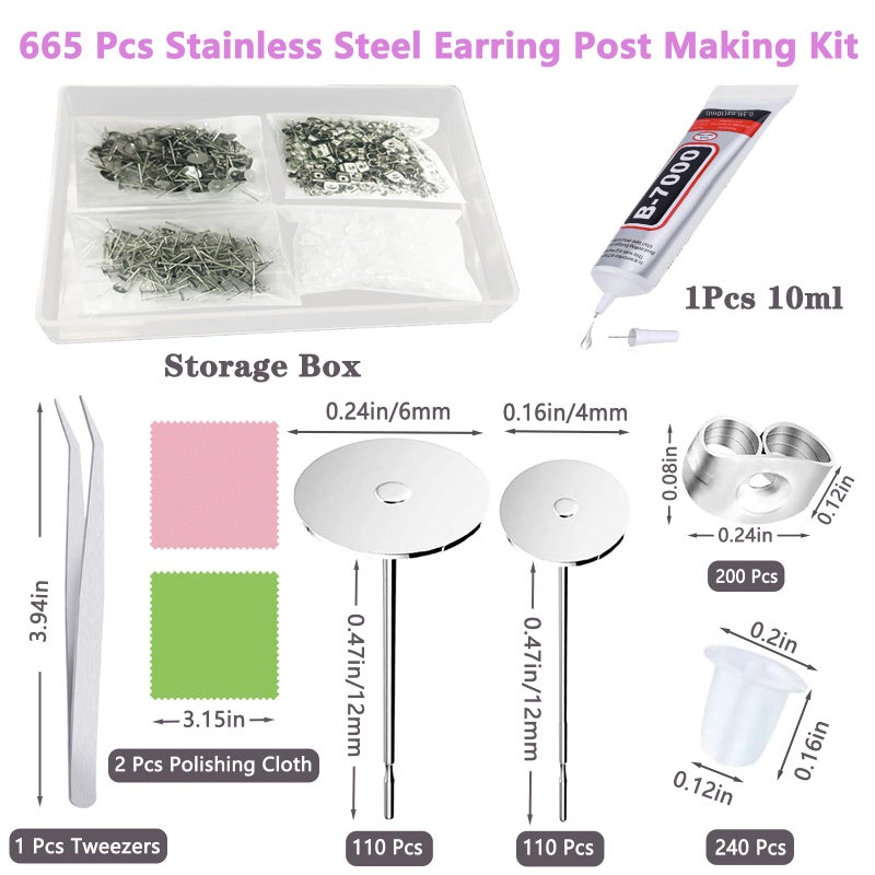 N NOROCME 665Pcs Earring Posts with Jewelry Glue Tweezers,Stainless Steel Jewelry Making Hypoallergenic Earring Posts and Backs,Stud Earrings with Butterfly Rubber Earring Backs DIY Making Findings - Image 2