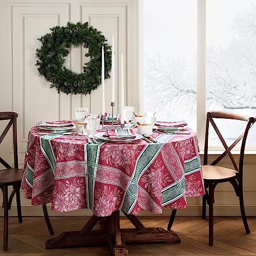Elrene Home Fashions Poinsettia Plaid RedGreen Holiday Christmas Woven Jacquard Cotton Tablecloth 60x84 Oval Multi - Image 3