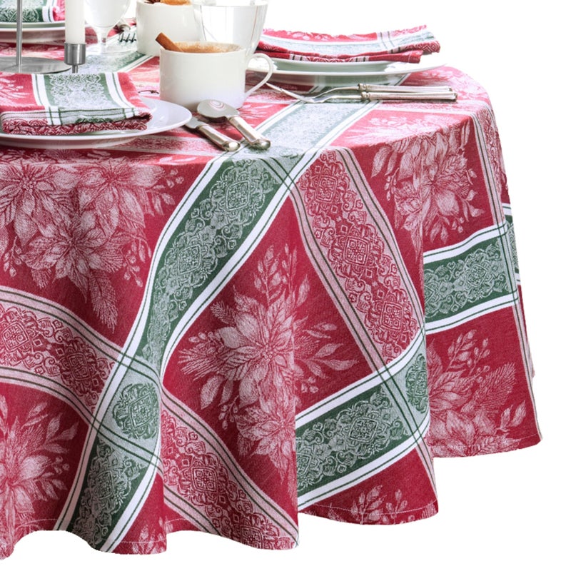 Elrene Home Fashions Poinsettia Plaid RedGreen Holiday Christmas Woven Jacquard Cotton Tablecloth 60x84 Oval Multi - Image 2