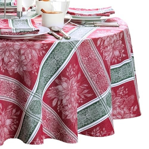 Elrene Home Fashions Poinsettia Plaid RedGreen Holiday Christmas Woven Jacquard Cotton Tablecloth 60x84 Oval Multi - Image 1