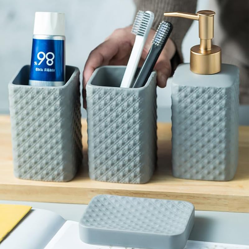 Kuber Industries Bathroom Accessories Set | Ceramic Bathroom Tooth Brush Holder | Bathroom Soap Holder Dish | Kitchen Soap Dispenser 350 ML | Water Cup 340 ML | ZX062GY-4T | Set of 4 | Gray - Image 1