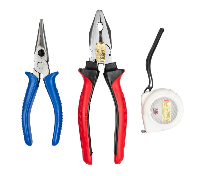 GLOBUS 302 STEEL HAND TOOLS SET3 PCS COMBINATION PLIER8 200 MMLONG NOSE PLIER 7225 MMMEASURING TAPE 3MTR 120 INCH 16mm - Image 1