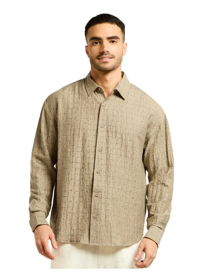 Beyoung Light Khaki Textured Jacquard Shirt