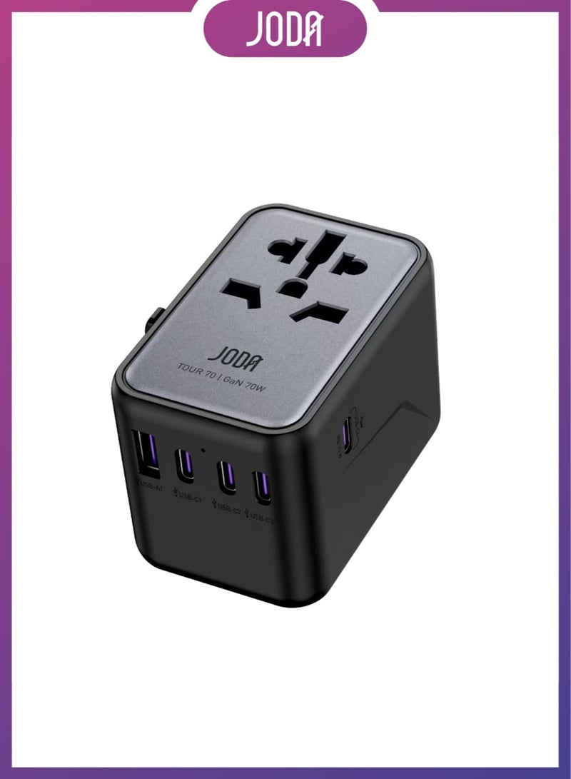 JODA TOUR GaN 70W 5-Port Travel Charger GaN Technology ⚡ 5 Charging Ports 🔌 Multi-Country Compatibility 🌍. Replaceable 10A Fuse 🔧 Compact Design 🎒 Device Compatibility 📱💻 iPhone Samsung Laptop  Safety Protection 🛡️ - Image 1