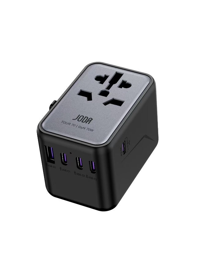 JODA TOUR GaN 70W 5-Port Travel Charger GaN Technology ⚡ 5 Charging Ports 🔌 Multi-Country Compatibility 🌍. Replaceable 10A Fuse 🔧 Compact Design 🎒 Device Compatibility 📱💻 iPhone Samsung Laptop  Safety Protection 🛡️ - Image 2