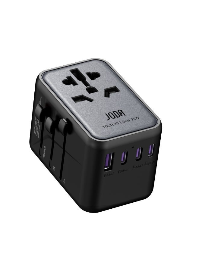 JODA TOUR GaN 70W 5-Port Travel Charger GaN Technology ⚡ 5 Charging Ports 🔌 Multi-Country Compatibility 🌍. Replaceable 10A Fuse 🔧 Compact Design 🎒 Device Compatibility 📱💻 iPhone Samsung Laptop  Safety Protection 🛡️ - Image 3