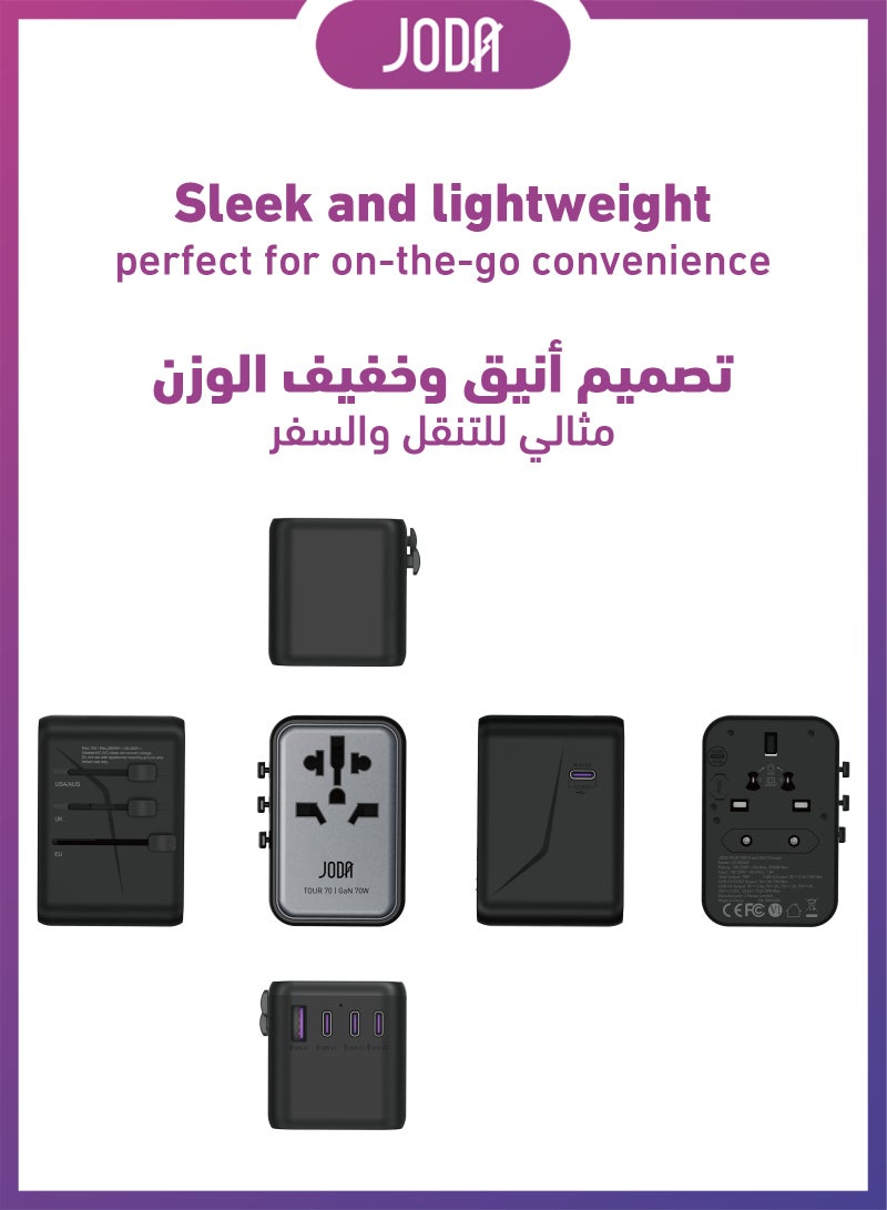 JODA 70W GaN Travel Charger with Universal Travel Adapter, 5 USB Ports (USB-C & USB-A), Fast Charging for iPhone 17/16/15, Samsung Galaxy S25/S24, iPad, MacBook, Laptops - TOUR - Image 2