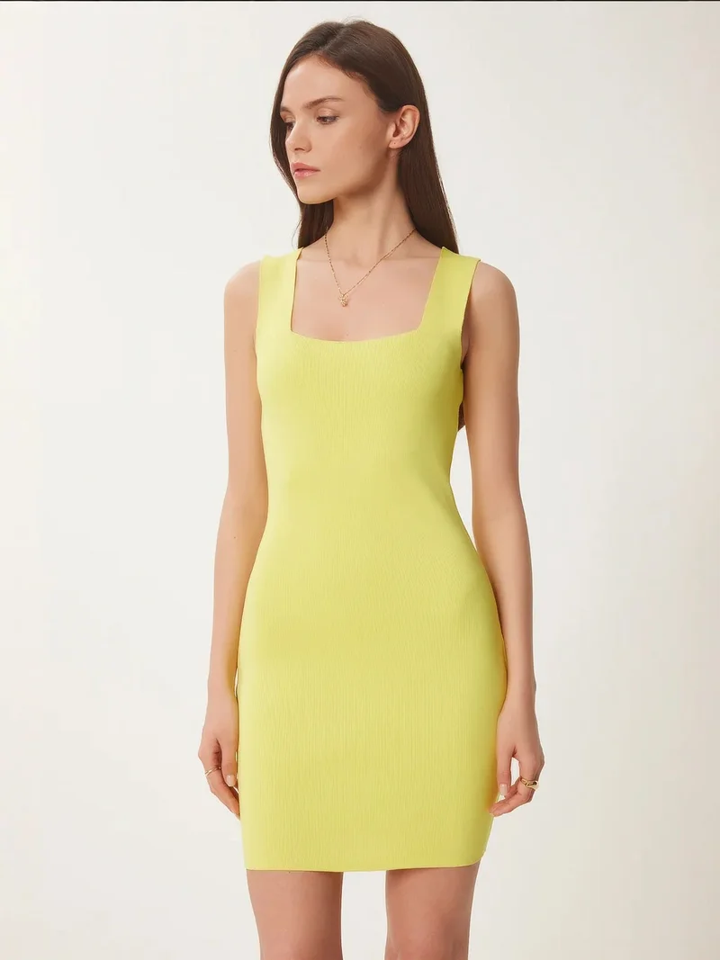 Happiness İstanbul ISTANBUL Ribbed Bodycon Mini Dress with Square Collar