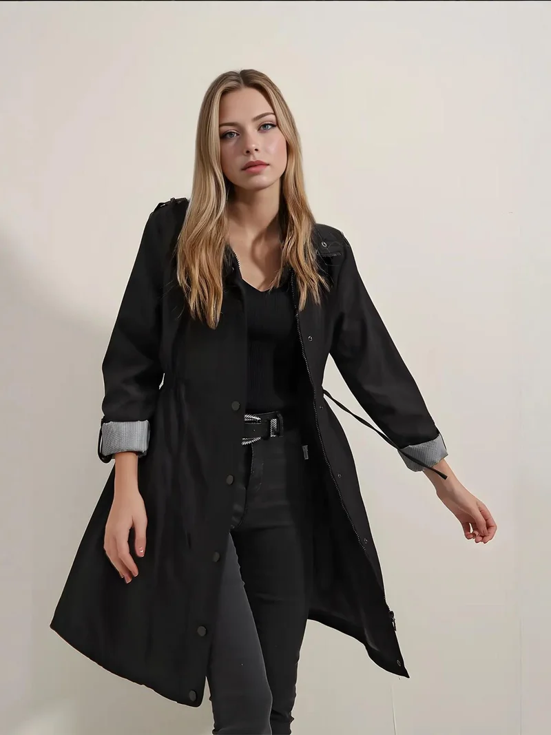 Big Dart Black BDART Long Shawl Collar Buttoned Trench Coat for Women | Best Price UAE