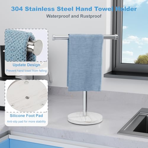 Blemoacha Hand Towel Holder,T Shape Freestanding Bath Towel Stand, Hand Towel Rack with Marble Base, Stainless Steel Standing Towel Bar for Bathroom Vanity, Kitchen Countertop, Brushed Nickel - Image 3