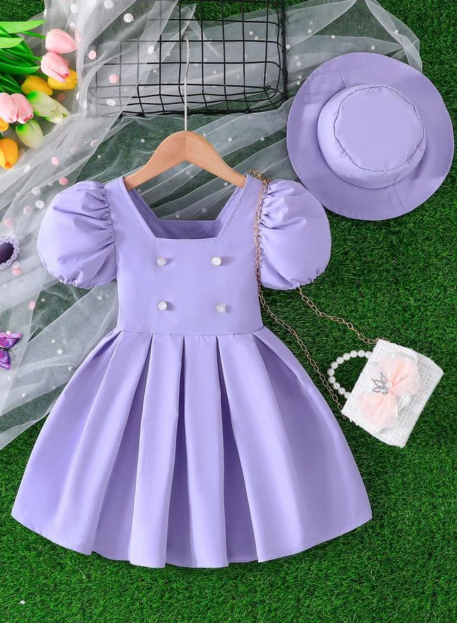 تايك تو Take Two Purple Box Pleated Puff Sleeve Dress with Hat