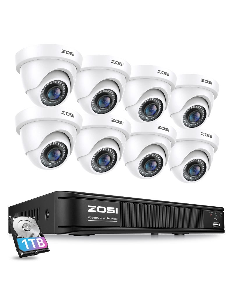 ZOSI 5MP 3K Lite 8 Channel H.265+ Home Security Camera System with AI Human Vehicle Detection, 8CH Surveillance DVR, 8 x 1080p Weatherproof CCTV Dome Camera Outdoor Indoor, 80ft Night Vision, 1TB HDD - Image 1
