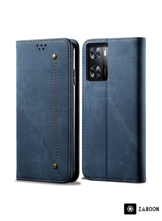 Zaboon Protective Case For Realme V23 / Narzo 50 / Oppo A77 5G / A57 4G Denim Texture Casual Style Horizontal Flip Leather - Image 1