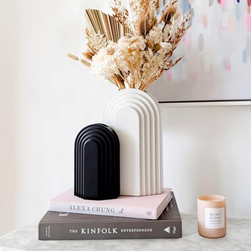 PUREZENTO Boho Style Black & White Vase 9 & 6 Inch - Set of 2 | Arched Shape Vase for Home Decor Centerpiece for Living Room, Tabletop Styling | Vase for Pampas Grass, Dried, and Artificial Flowers - Image 1