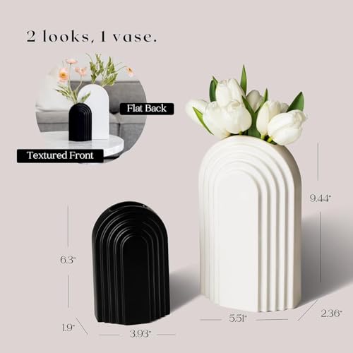 PUREZENTO Boho Style Black & White Vase 9 & 6 Inch - Set of 2 | Arched Shape Vase for Home Decor Centerpiece for Living Room, Tabletop Styling | Vase for Pampas Grass, Dried, and Artificial Flowers - Image 2