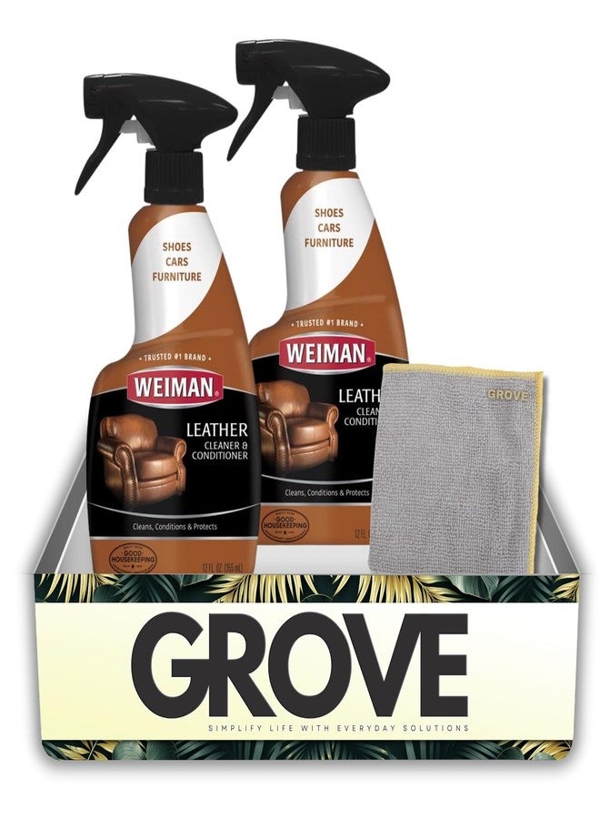 GROVE Weiman Leather Cleaner and Conditioner 12 oz Liquid Bundle with Microfiber Cloth - Cleans and Conditions Leather Surfaces for Auto and Home Use - Gift Set (3 Items) - Image 1