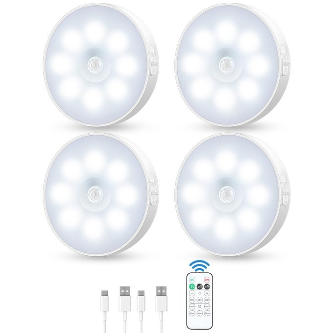 MOTION SENSOR PUCK LIGHT WITH REMOTE WIRELESS DIMMABLE UNDER CABINET LIGHTS RECHARGEABLE MAGNETIC CLOSET LIGHT STICK ON NIGHT LIGHT 4PACK