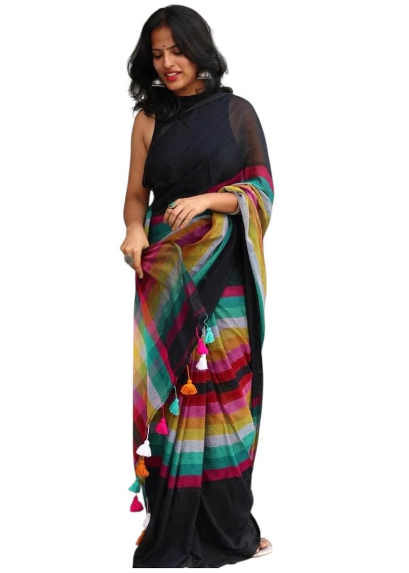 Sidhidata Women's Cotton Linen Blend Striped Digital Printed Saree with Tassels & Unstitched Blouse Piece