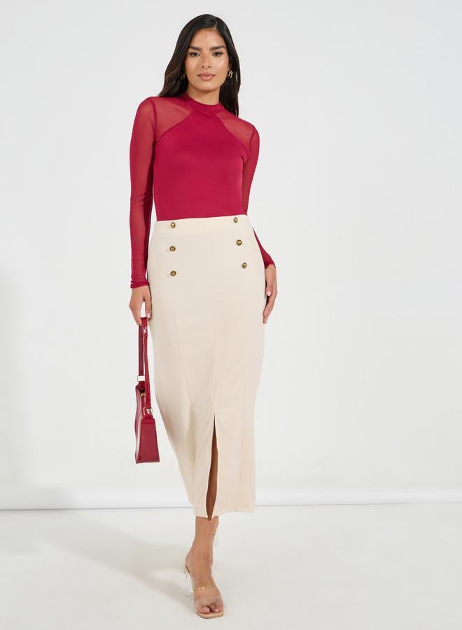 Styli Button Detail Midi Skirt with Split Hem  - Image 1