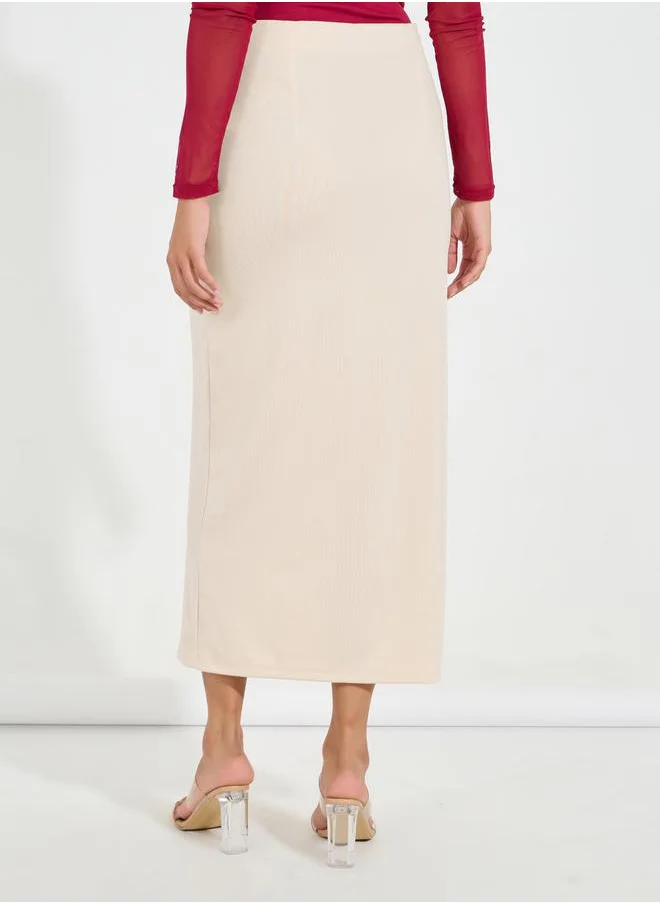 Styli Button Detail Midi Skirt with Split Hem