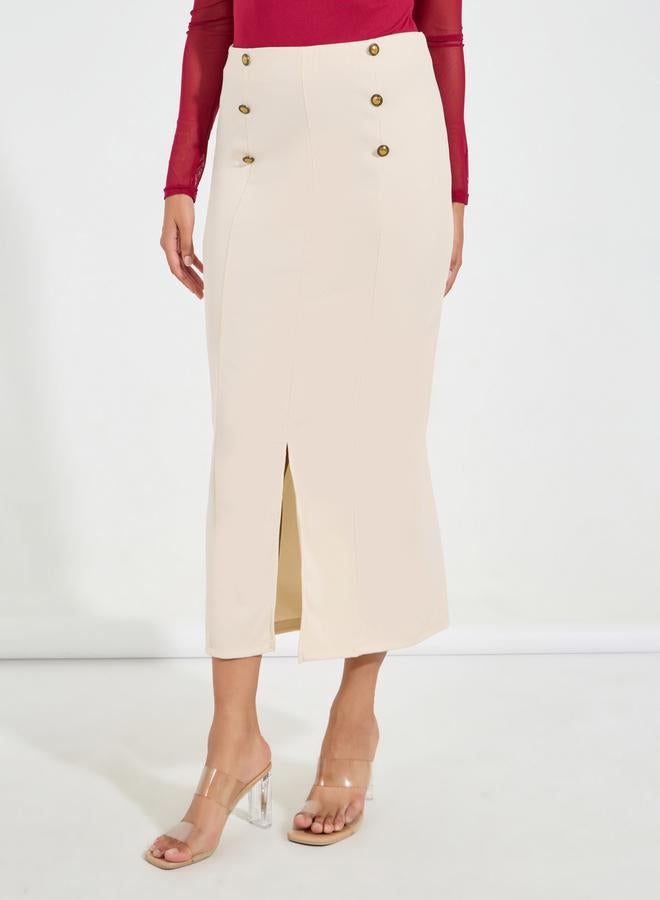 Styli Button Detail Midi Skirt with Split Hem  - Image 2