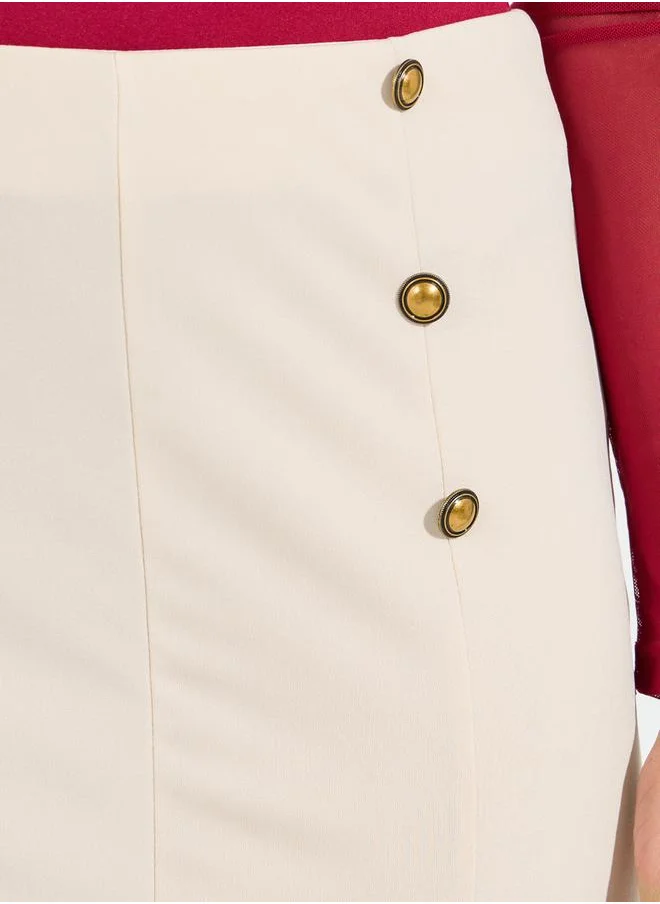 Styli Button Detail Midi Skirt with Split Hem