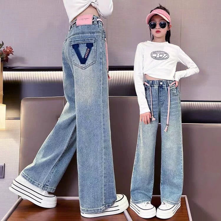 Girls' Denim Workwear Wide-Leg Pants Little Girls' Straight Pants Loose Medium And Large Children'S Pants Factory - Image 5