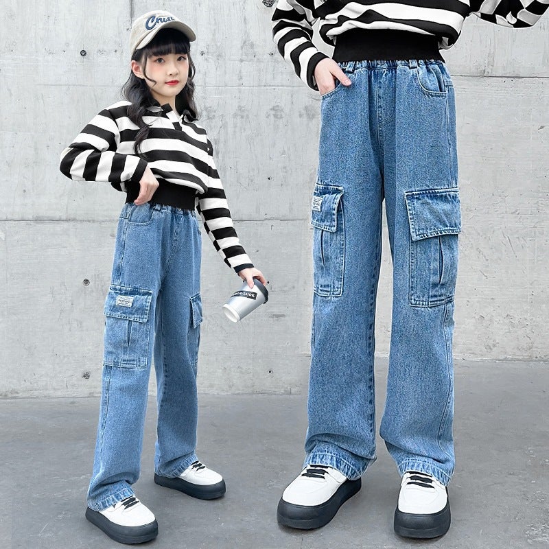 Girls' Denim Workwear Wide-Leg Pants Little Girls' Straight Pants Loose Medium And Large Children'S Pants Factory - Image 4