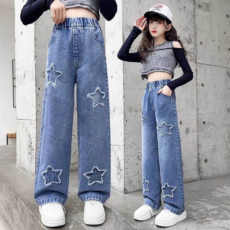 Girls' Denim Workwear Wide-Leg Pants Little Girls' Straight Pants Loose Medium And Large Children'S Pants Factory - Image 3