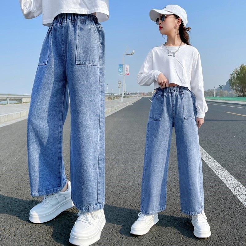 Girls' Denim Workwear Wide-Leg Pants Little Girls' Straight Pants Loose Medium And Large Children'S Pants Factory - Image 1